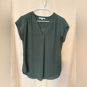Fun 2 Fun Blouse/Top, Women’s size Medium Olive Green with Black Dotted Pattern
